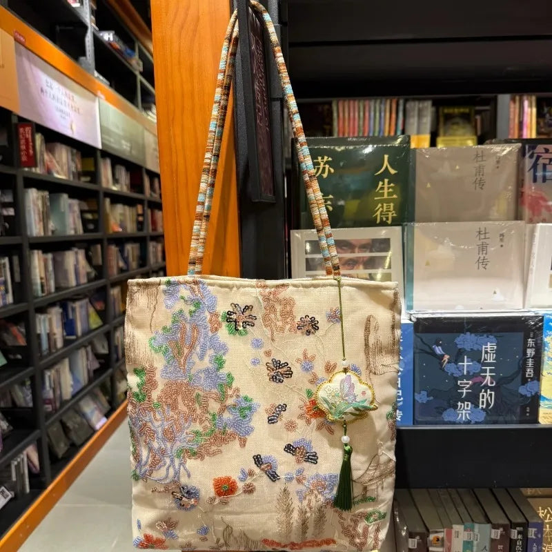 2026 New Chinese Style Embroidery Canvas Tote Bag Large Capacity Single Shoulder Commuter Handbag Shopping Bag for Women
