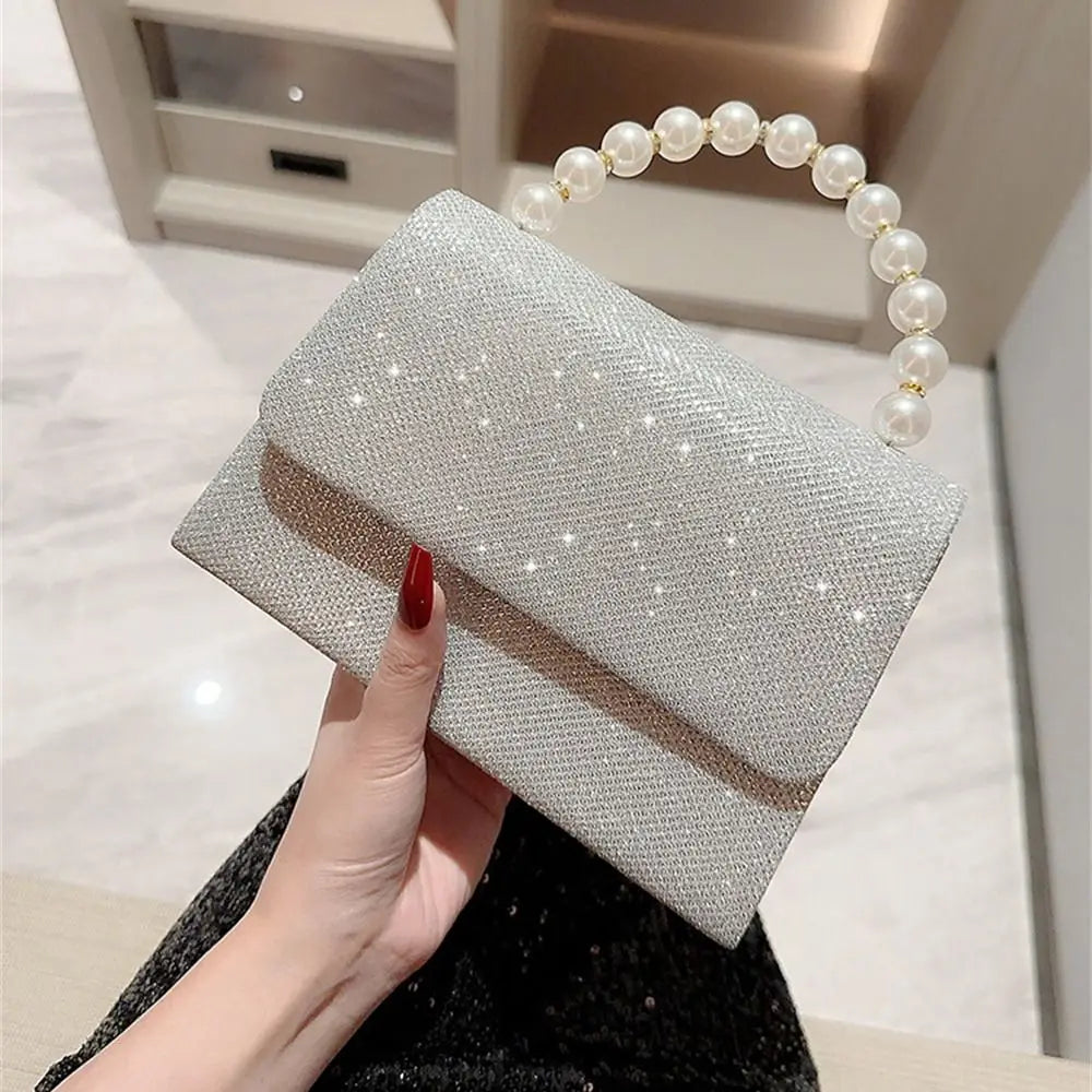 Gold Bright Silk Evening Bag Women Elegant Banquet Clutch Pearl Chain Shoulder Bags Luxury Purse Female Wedding Party Handbags