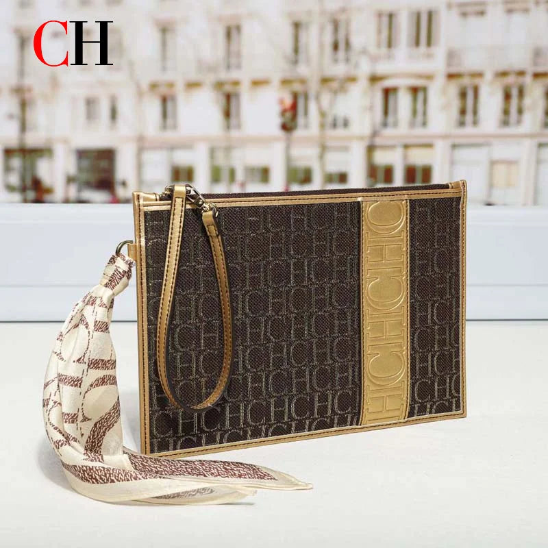 CH Print Zipper Clutch Bag Women Designer Luxury Wristlet Handbag Large Capacity Evening Purse With Silk Scarf