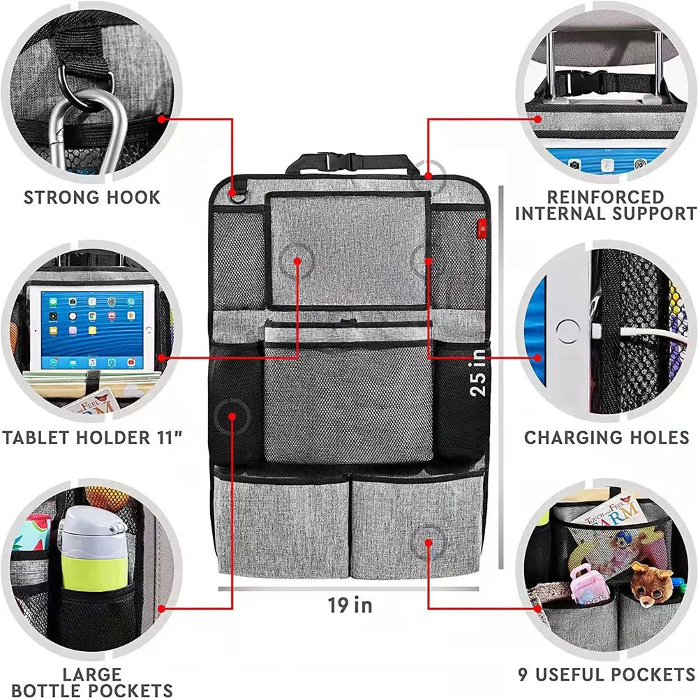 Car Rear Seat Organizer Storage Bag with Touch Screen Tablet Stand, Anti Kick Pad, Rear Seat Protector, Storage Bag