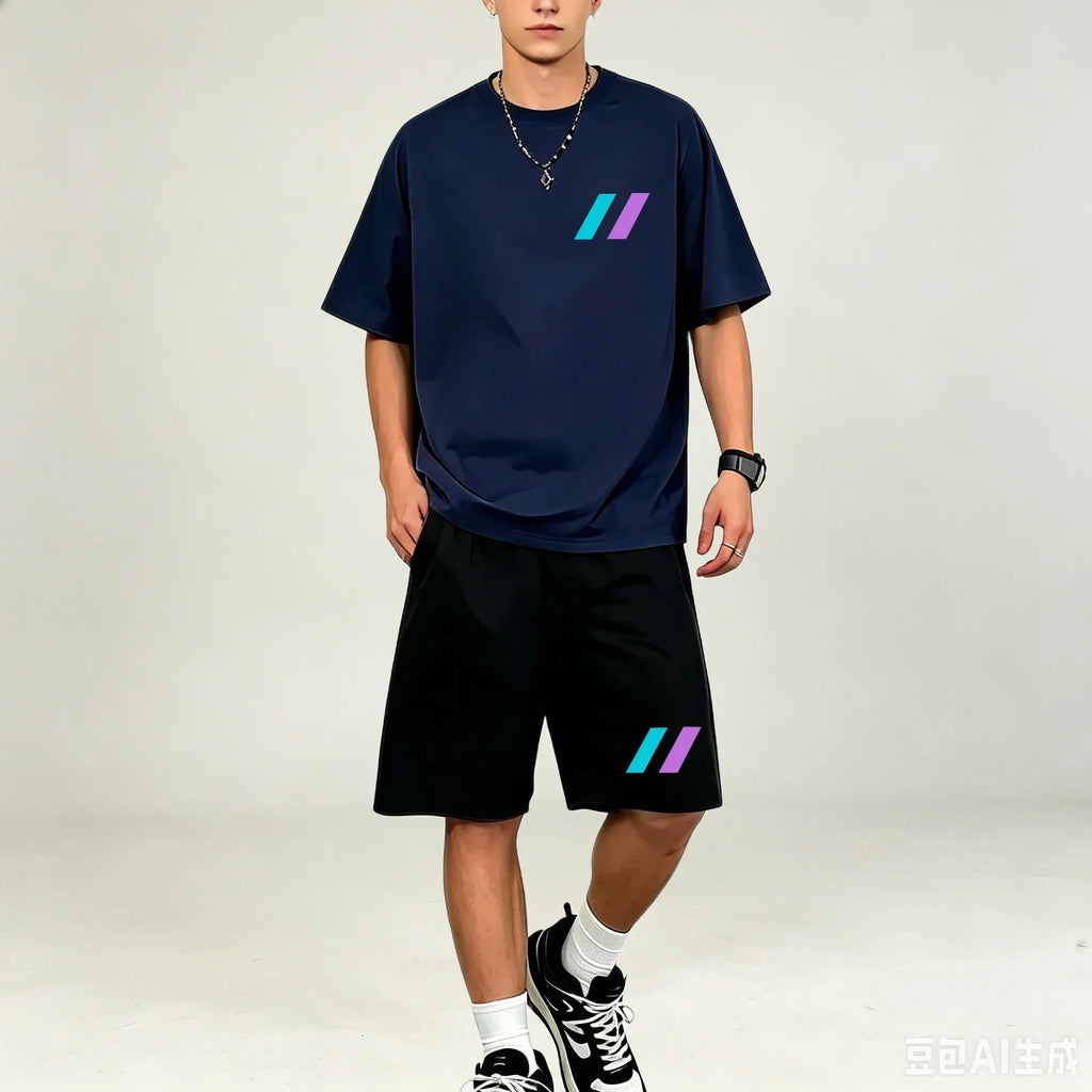 Men T‑Shirts Sets 2‑Piece Suits Relax‑Fit Short‑sleeve Tee And Pocket‑Shorts Sets Breathable Street‑Style T‑Shirts Sets For Guys