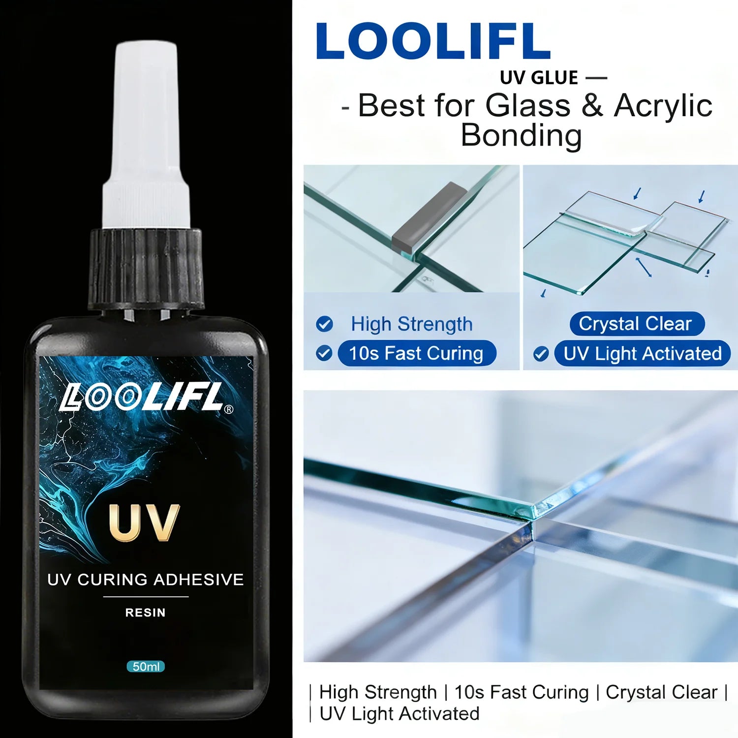 LOOLIFL50ml UV Curing Glue Transparent Resin Strong Adhesive Fast Cure Traceless Glue For Glass Metal Plastic Jewelry DIY Crafts