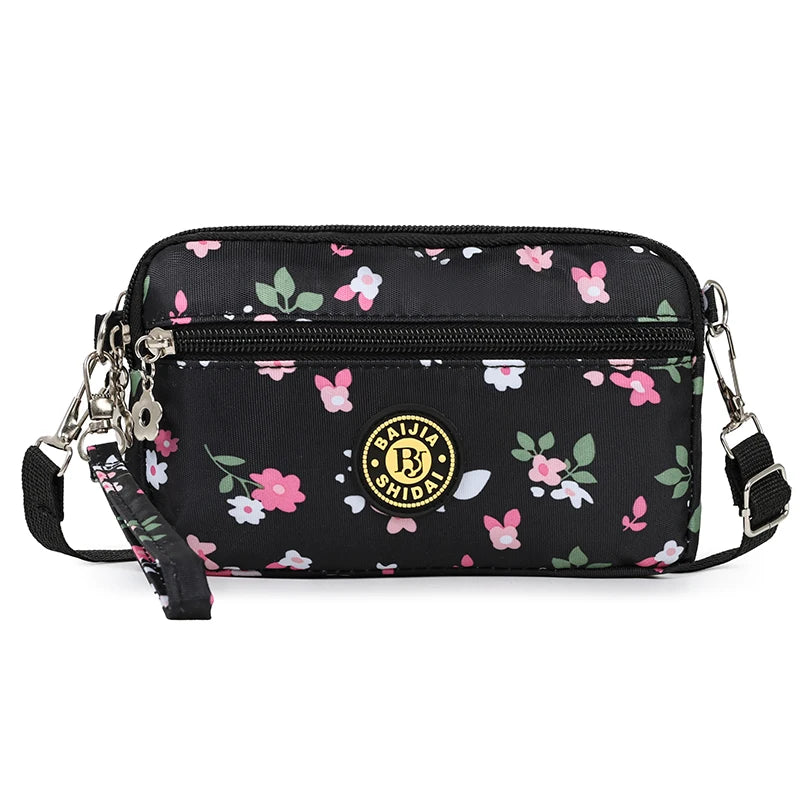 Lightweight Utility Crossbody Bag Durable Nylon Canvas Floral Print Multi Compartment Secure Zipper Women Travel Handbag