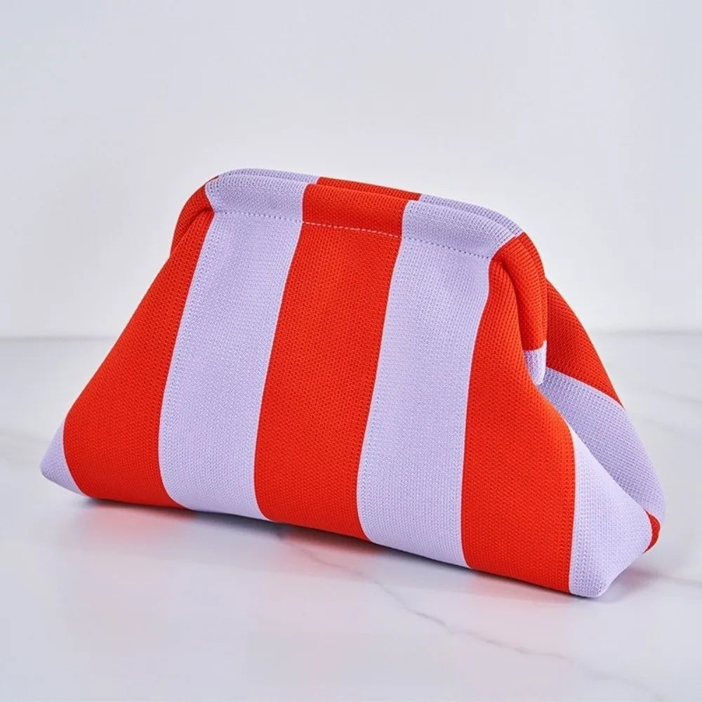 Elegant Woven Crochet Purses Large Capacity Striped Pattern Beach Clutch Handbags Woven Texture Colorblock Design