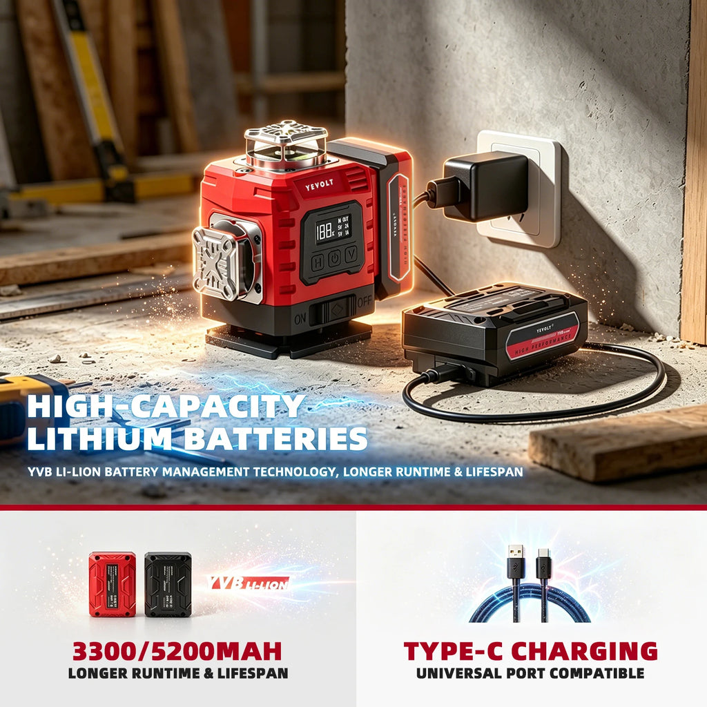 YEVOLT 16‑Line Green Laser Level 4×360° Planes Gravity Self‑Adjust Slope Function Type‑C Power Build & Tile