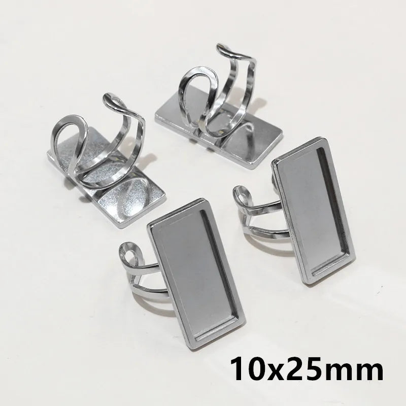 5pcs Stainless Steel Square Rectangle Thick Adjustable Ring Blank Base Settings ,Fit 12/20/25mm Cabochons DIY Rings Bezel Tray