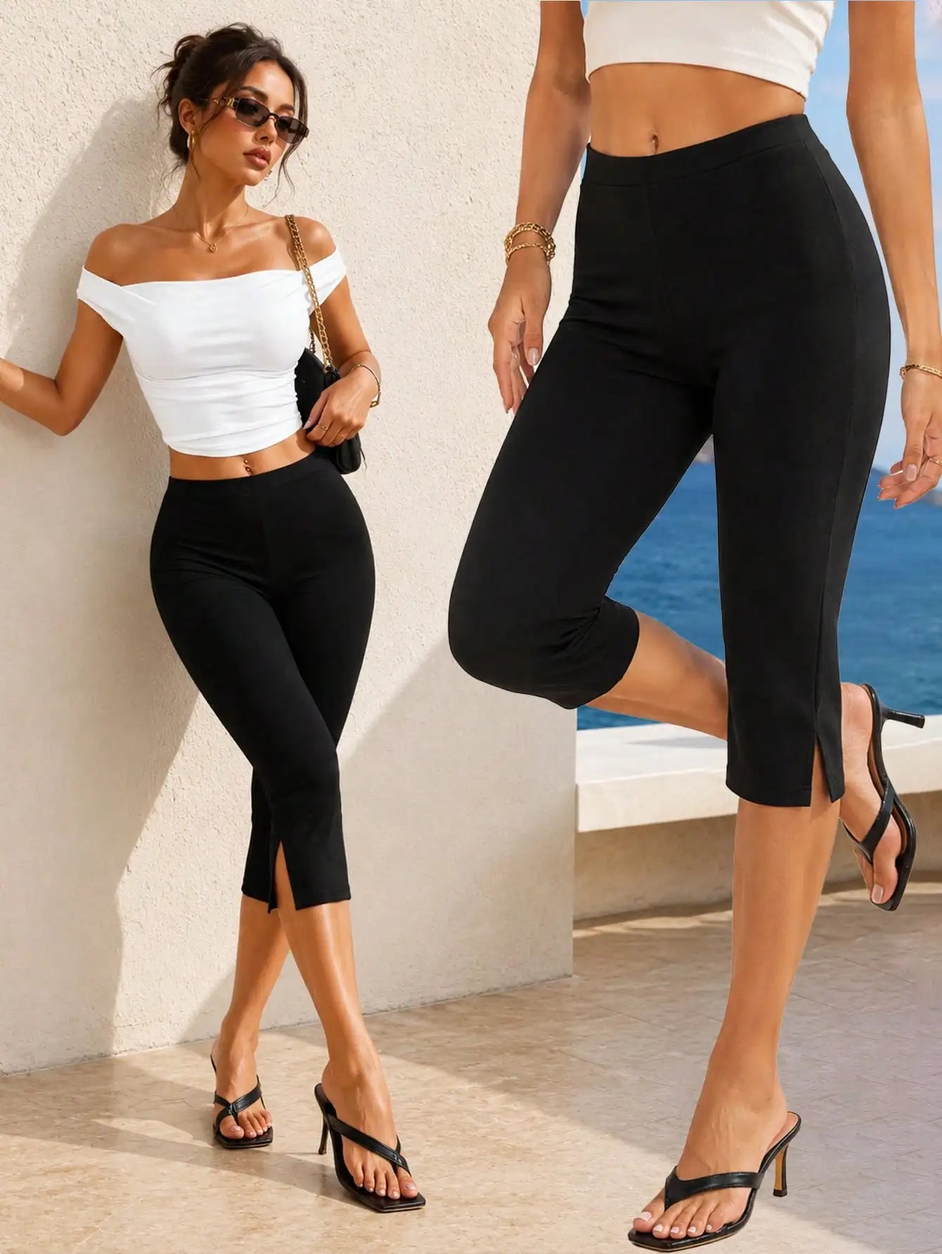 Black High Waist Split Hem Slimming Capri Leggings Fitted Knee Length Biker Shorts For Women Daily Casual Streetwear Workout