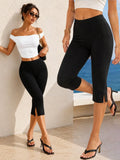 Black High Waist Split Hem Slimming Capri Leggings Fitted Knee Length Biker Shorts For Women Daily Casual Streetwear Workout