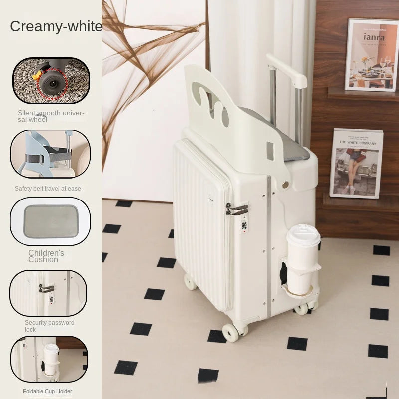 Front Opening Suitcase for Children can Sit 20/22 inch Ride on Luggage Sturdy Thickened PC Travel Suitcase with Cup Holder