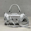 2026 New Mini Cylinder Motorcycle Bag Women's Rivet Tassel Three-in-One Pleated Cowhide Single Shoulder Slant Cross Handbag