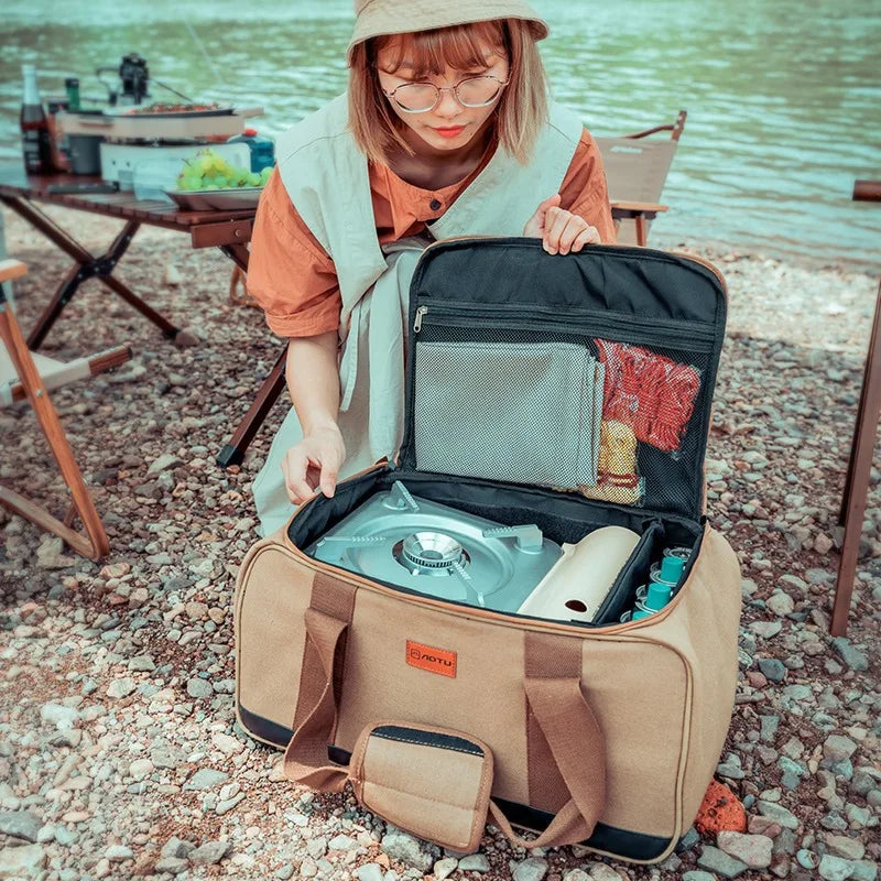 Outdoor Camping Storage Bag Waterproof PVC Bottom Canvas Travel Duffel Bag Portable Camp Gear Organizer Bag Stove Cookware Tools