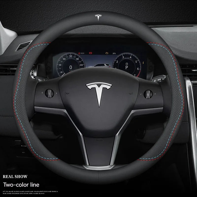 For Tesla Model 3 Model Y Model S Model X Roadster Leather Anti-slip Breathable Car Steering Wheel Cover Auto Accessories