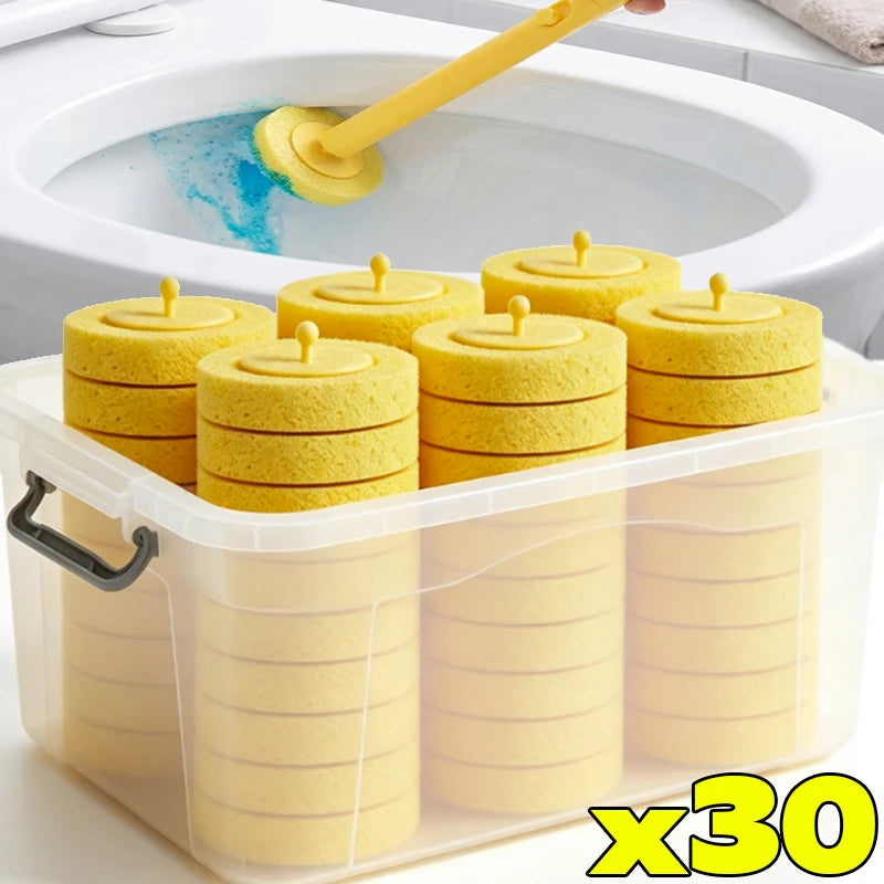 1/30x Disposable Toilet Brush Yellow Sponge Cleaning Pads Handle Replacement Sponge Wipe Head Home Bathroom Cleaning Supplies