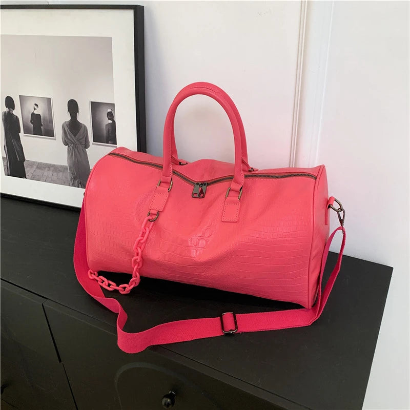 Solid PU Lightweight Large Capacity Women's Travel Bags Fashionable Sweet Fitness Handbag Short Distance Shoulder Luggage Bag