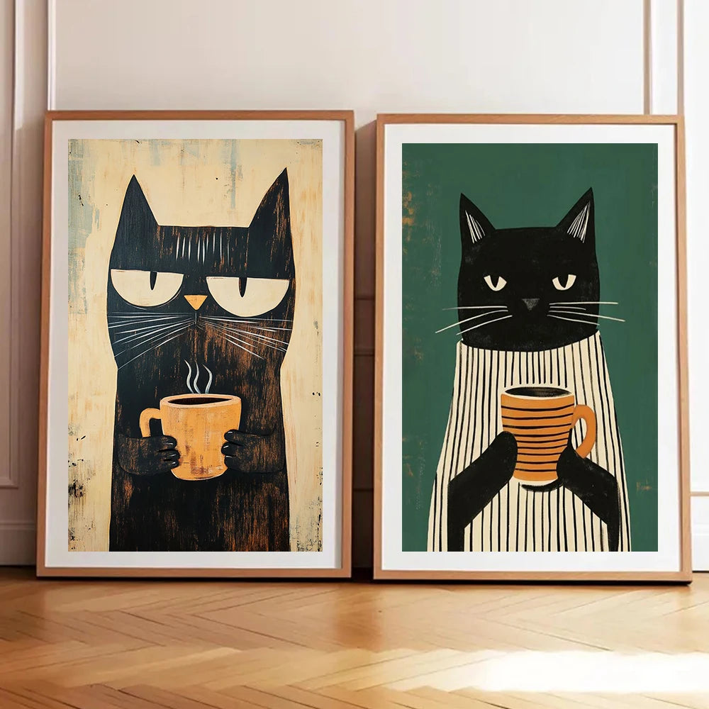 Whimsical Black Cat Drink Coffee Poster For Bedroom Nursery Cartoon Animal Canvas Painting Cute Cat Illustration Print Wall Art