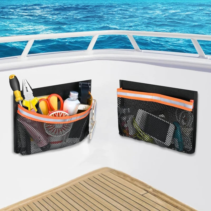 Self-adhesive Boat Storage Bag with Lid Reflective Leak-Proof Boat Marine Mesh Bag Strong Adhesive Boat Storage Fishing Tools