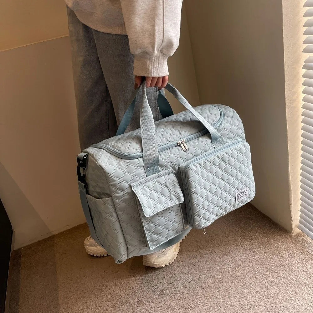 Simple Quilted Travel Duffle Bag Solid Color Oxford Sports Tote Bag Single Shoulder Foldable Travel Handbag Girl