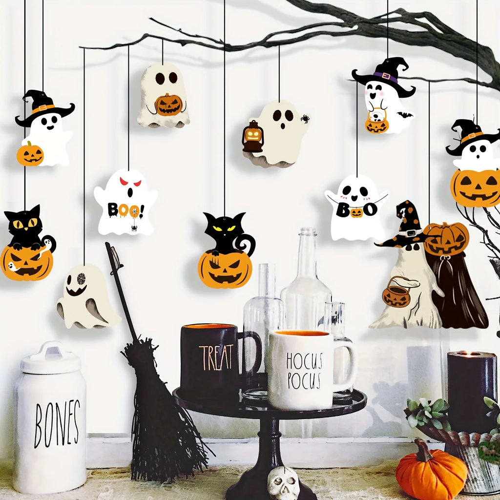 12pcs Halloween Theme Cute Pumpkin Black Cat Ghost Design Paper Halloween Ghost Decorations