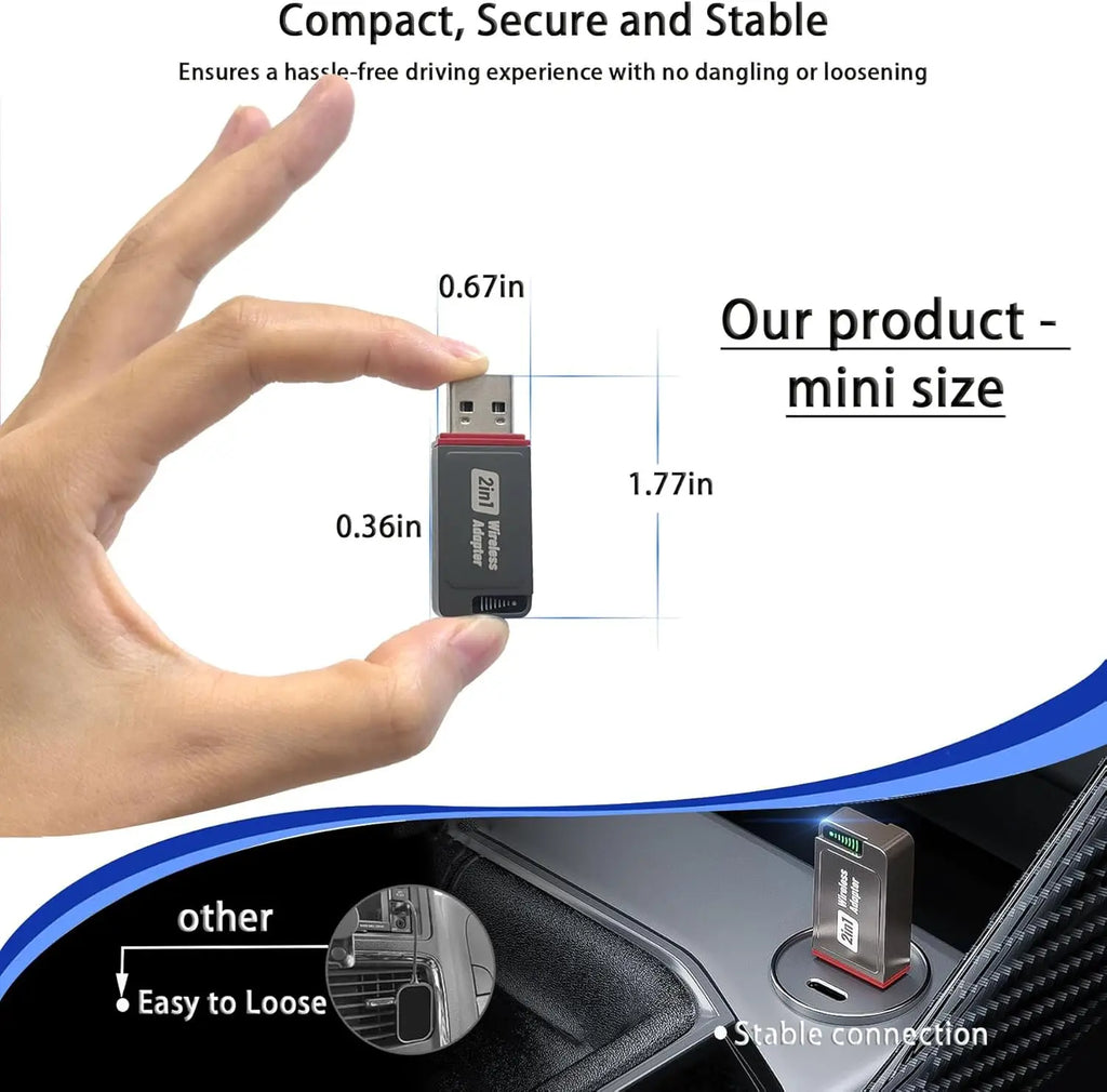 2-in-1 Wireless CarPlay Adapter 2026 Support Apple CarPlay & Android Auto, Fast Auto-Connect, No Latency, Mini Bluetooth Dongle Convert Wired to Wireless Compatible with iPhone & Android Black