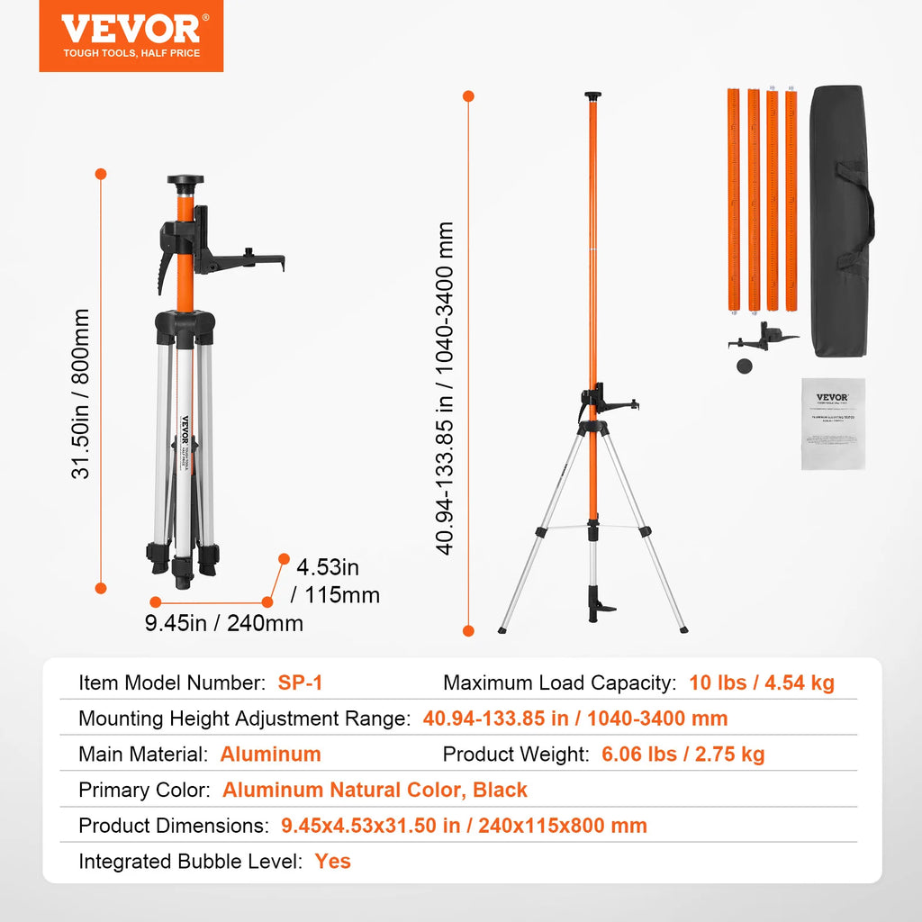 SucceBuy Laser Level Tripod 1/4"-20 & 5/8"-11 Thread Mount 40.94-133.85in Height Adjustment with Level Bubble & Heavy-duty Stand