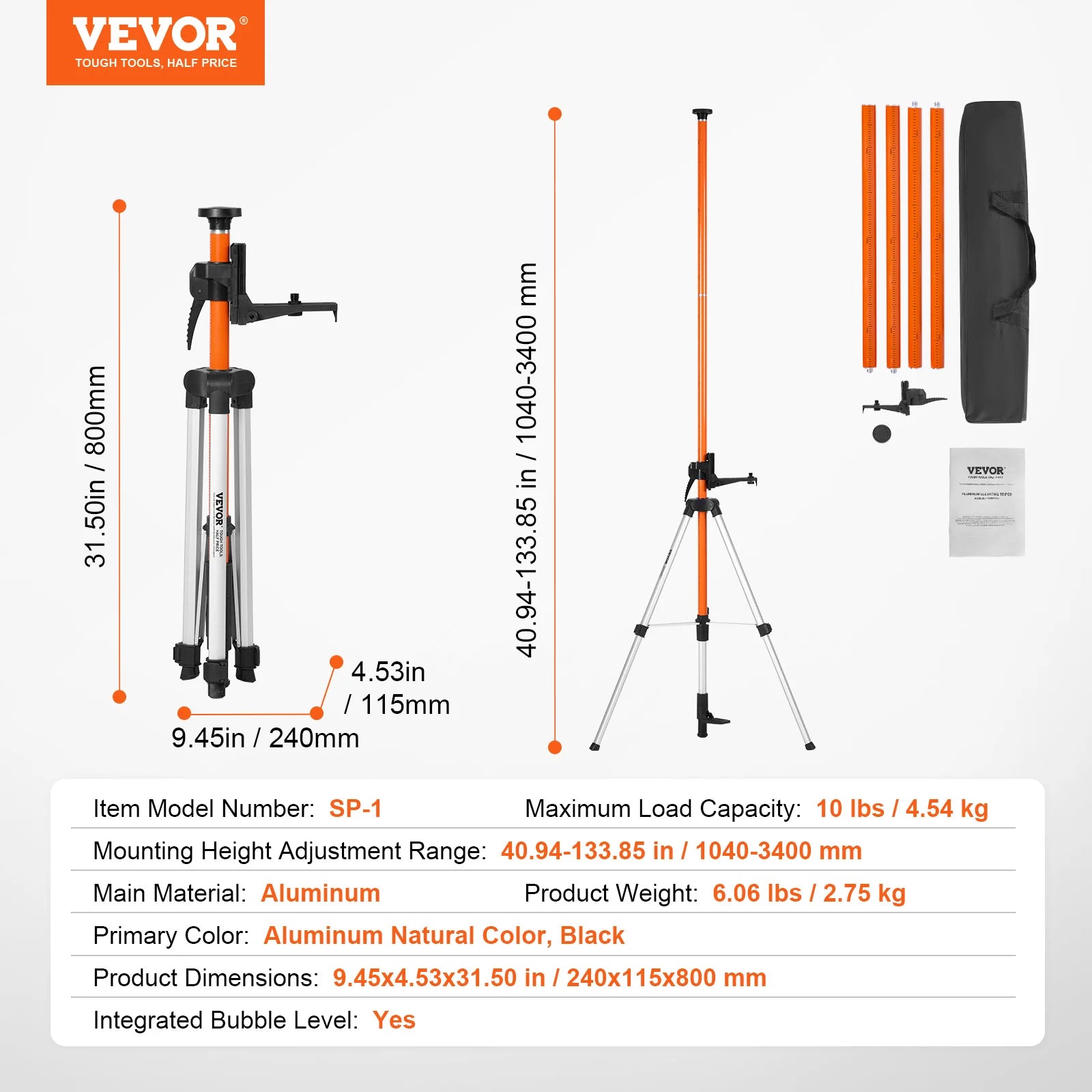 SucceBuy Laser Level Tripod 1/4"-20 & 5/8"-11 Thread Mount 40.94-133.85in Height Adjustment with Level Bubble & Heavy-duty Stand