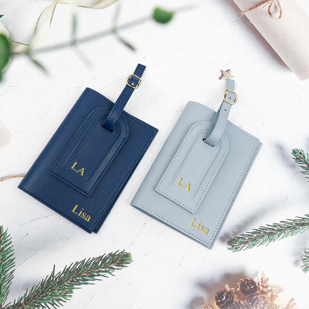 Customized letter pu leather anti-loss luggage tag + two-piece set for travel document and passport holders
