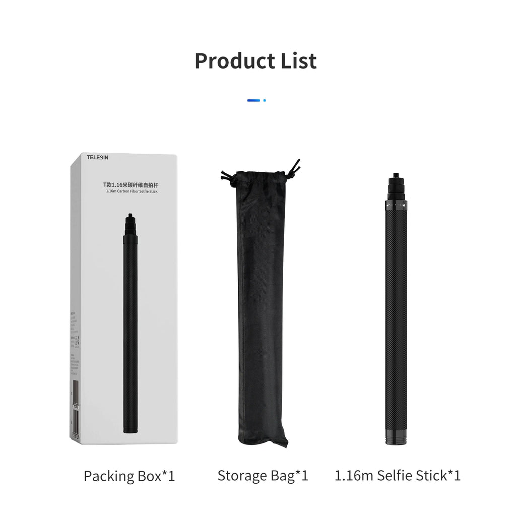 TELESIN 116cm Carbon Fiber Monopod Selfie Stick Extendable With 1/4 Screw For GoPro Hero Insta360 Osmo Action Camera