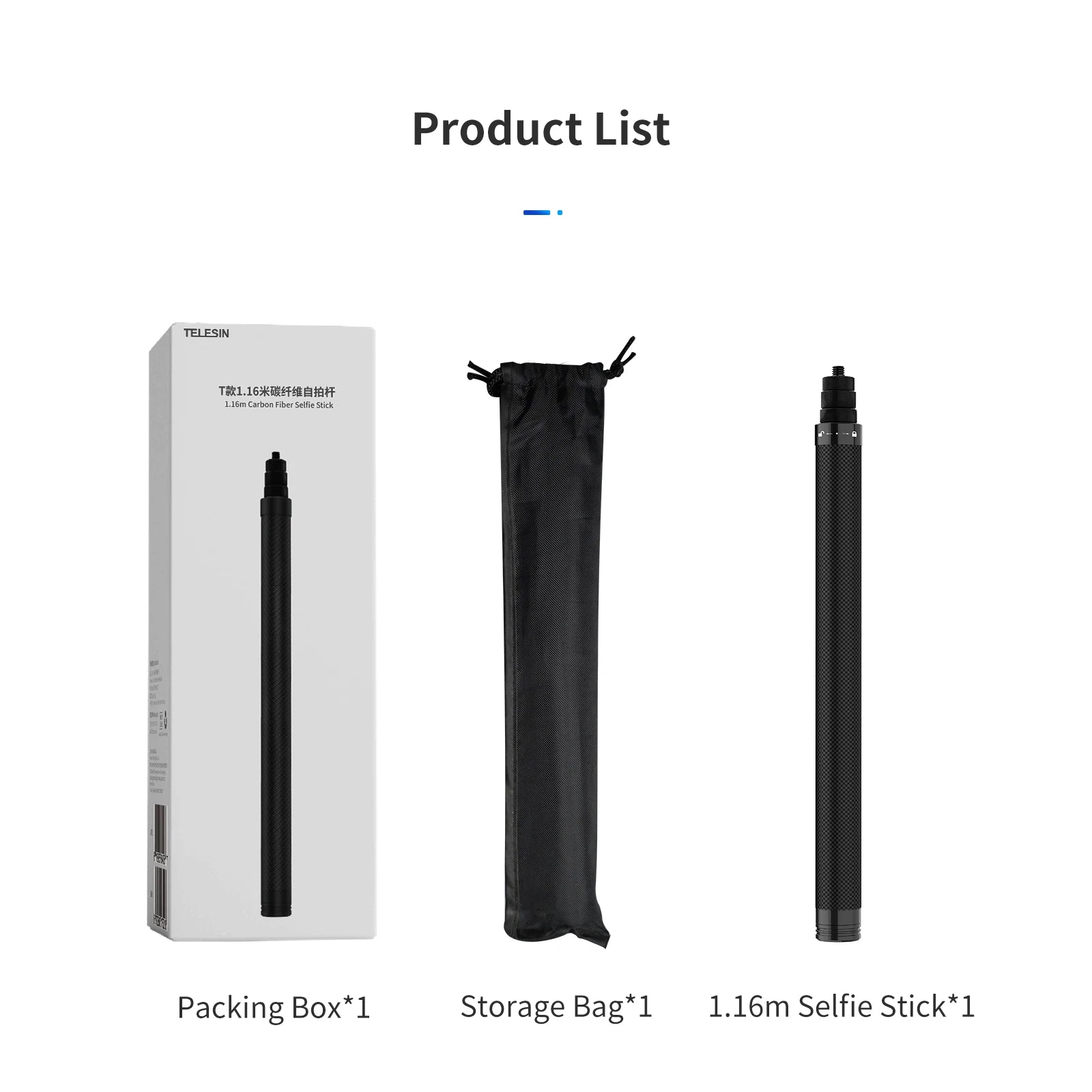 TELESIN 116cm Carbon Fiber Monopod Selfie Stick Extendable With 1/4 Screw For GoPro Hero Insta360 Osmo Action Camera