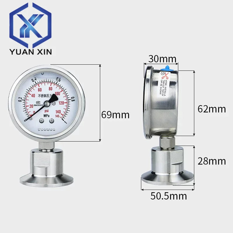 SS316L Stainless Steel Diaphragm Pressure Gauge TC50.5mm/64mm Bar/psi and Psi/Mpa