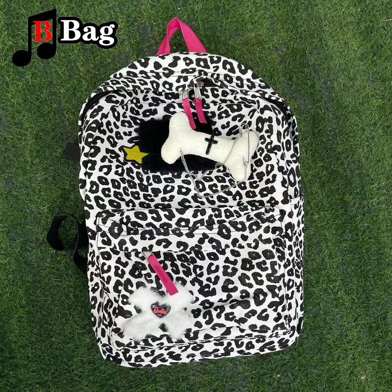 Y2K Millennial Spice Girl Schoolbag Large Capacity Commuter Leopard Vintage Versatile Campus Backpack Student woman Harajuku