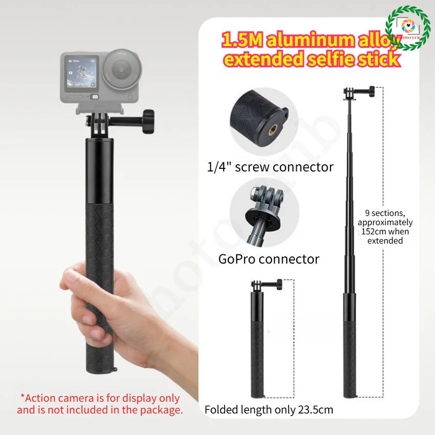 1.5m Selfie Stick For DJI Action 6/5 Pro/4/3 Aluminum Extended Alloy Selfie Stick for GoPro 13 12 11 10/Insta360 Ace Pro 2/X5 X4