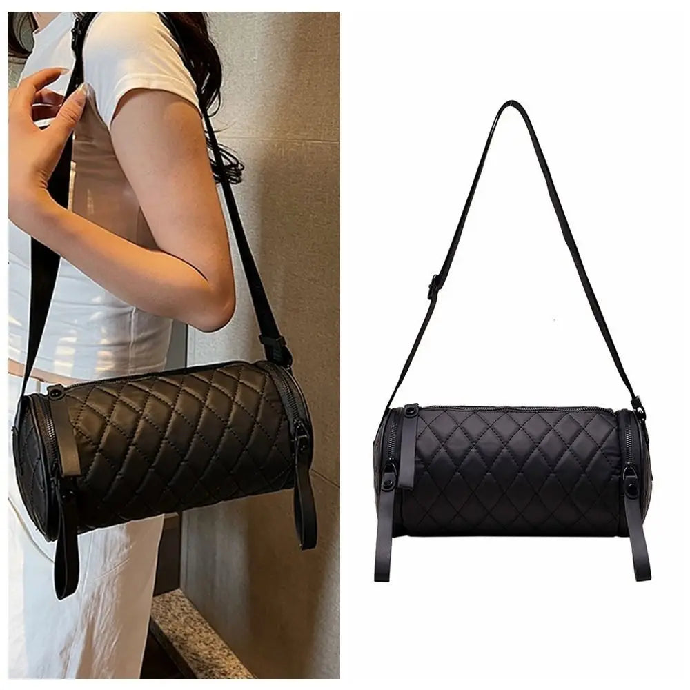 Simple Solid Color Cylinder Bag Round Diamond Bucket Bag Nylon Wide Shoulder Strap Barrel Bag Travel