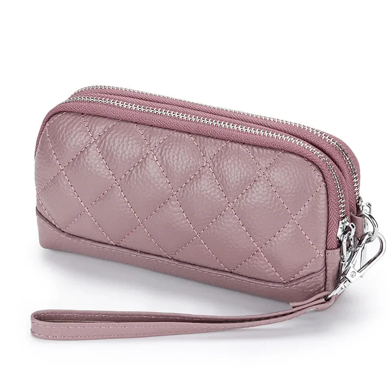 Double Zipper Clutch Bag for Women Genuine Leather Coin Pocket Money Purse Women's Clutches Female Clutch Purse with Wrist Strap