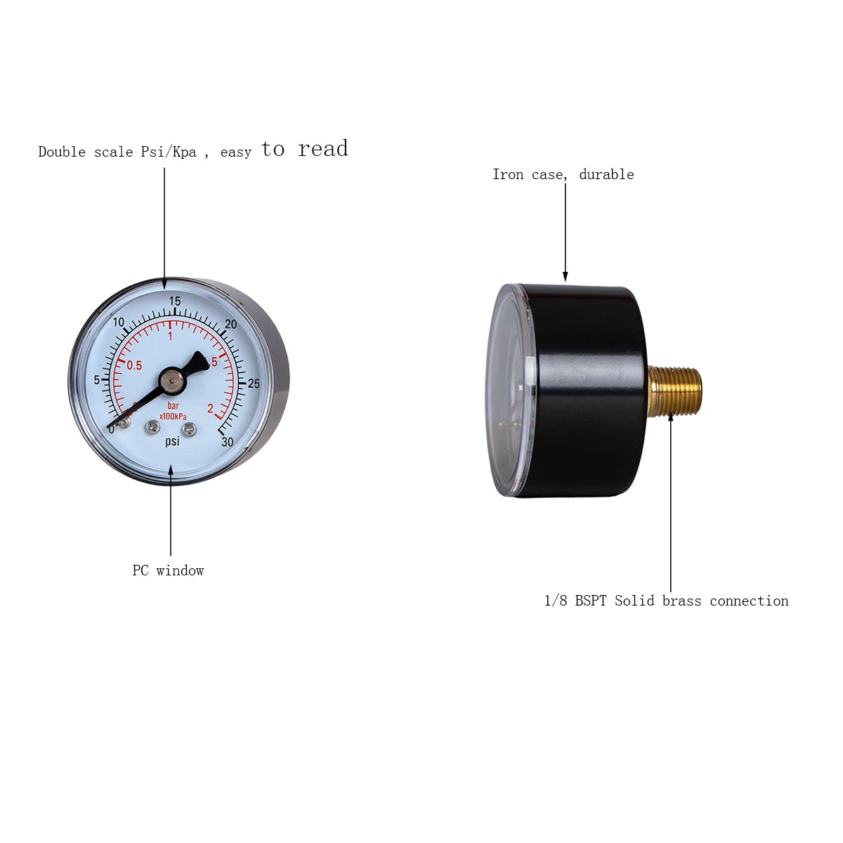 JIVTO Dry Pressure Gauge, 1-1/2" Dia,30, 60 Psi & Bar, 1/8" BSPT Back Mount, PC Window