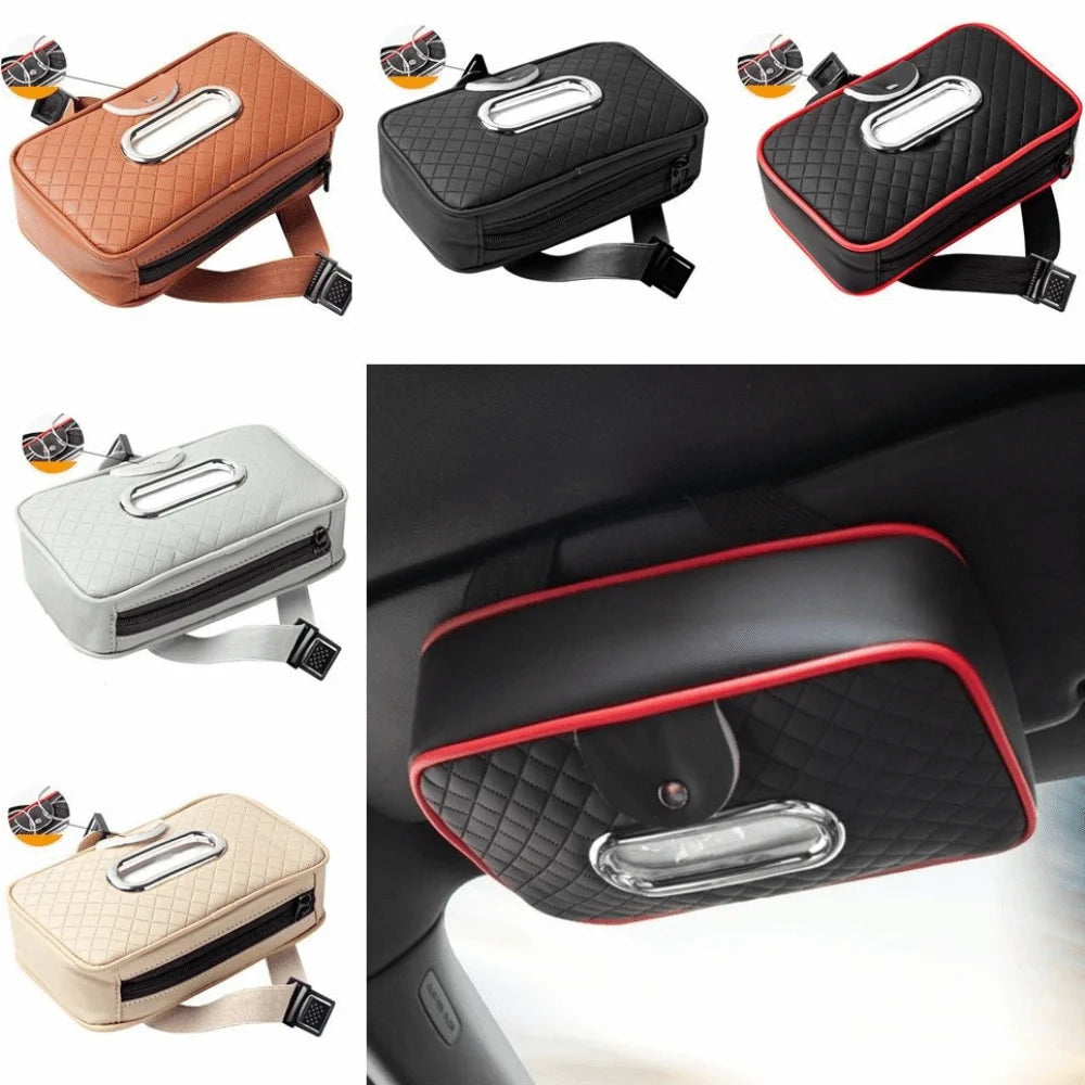 Thickened Car Visor Tissue Box Multi-Functional PU Leather Car Center Console Tissue Dispenser Space Saving with Glasses Clip