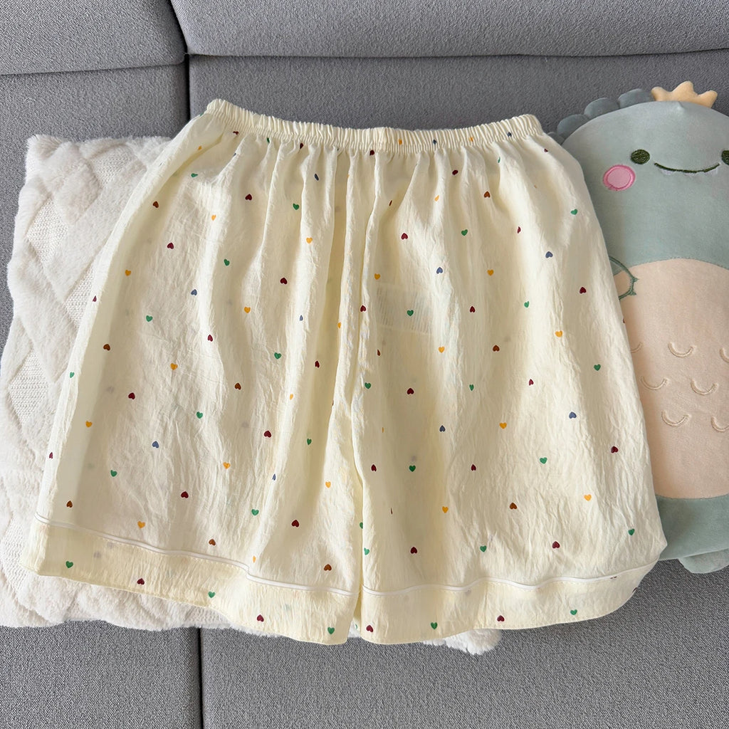 Women's Summer Thin Pajamas with Heart-Shaped Pattern, Short-Sleeved Shorts, Sweet and Cute, Can Be Worn Outside in Summer, Two-Piece Home Wear Set