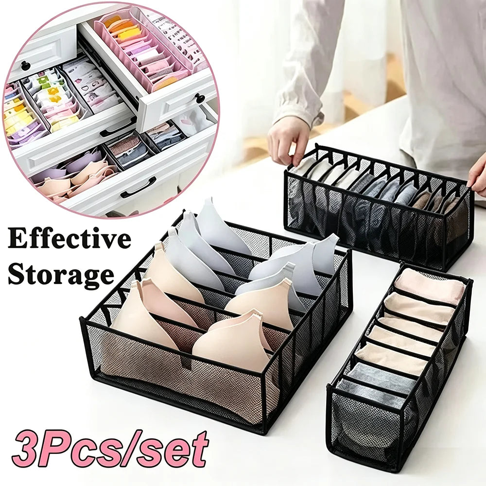 3-Pack Home Storage Boxes Foldable Plaid Underwear Combination Bags - Nylon Drawer Dividers for Socks Panties and Underwear