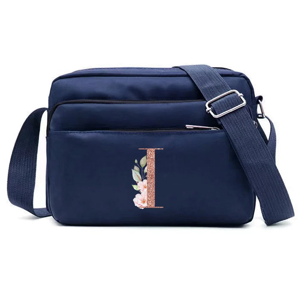 Large Capacity Travel and Commuting Storage Blue Bag Rose Gold Series Print Pattern Multi-layer One Shoulder Crossbody Bag