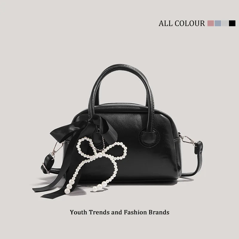 Sweet Mini Boston Bag Women Fashion Pearl Pendant Bow Shoulder Bag Casual Handbag