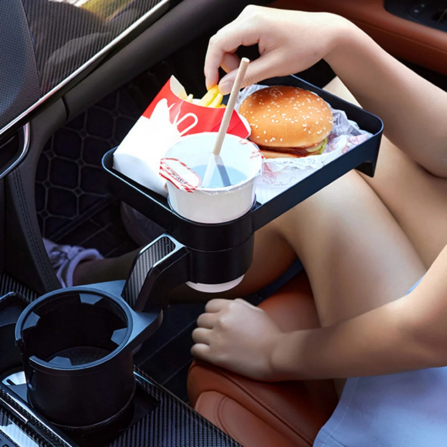 Car Cup Holder Tray with Rotating Expandable Tray - Convenient for Takeout, Keys, Phone - Perfect for Quick Meals On-the-Go