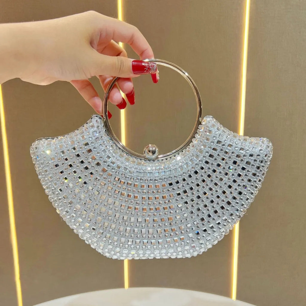 Purple shiny luxurious diamond ring handle handbag lady's evening bag for party dress wedding clutch purse chains shoulder bags
