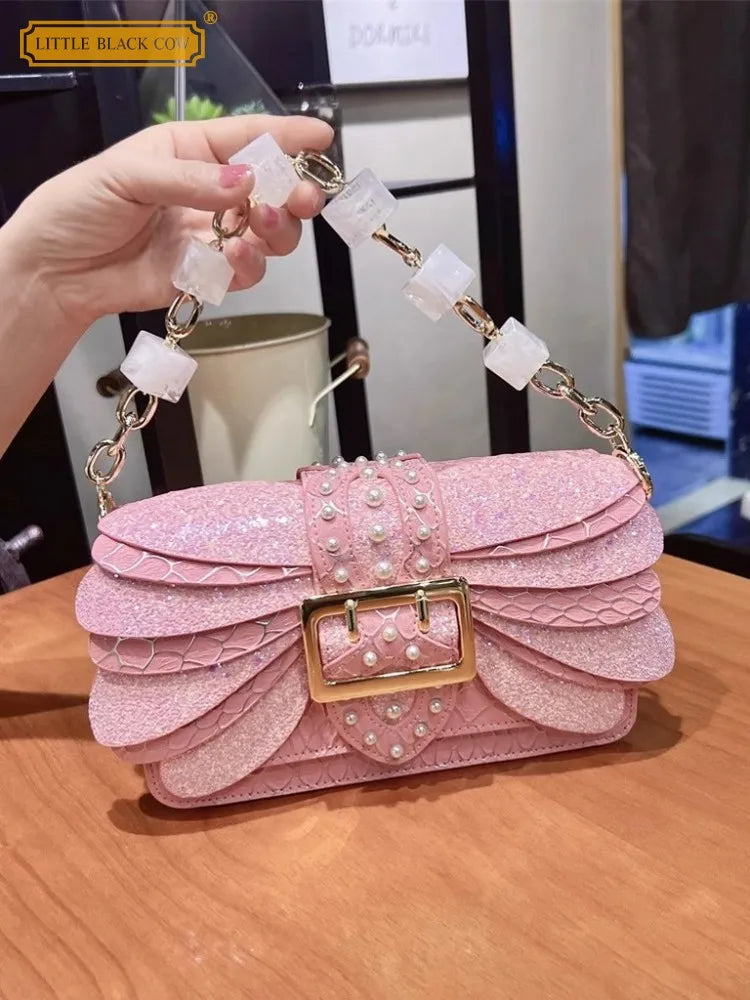 Design Women Single Shoulder Bag Tote Handbag Fashion Diamonds Chain Crossbody Bag Elegant Office Ladies Pu Leather Flat Bags
