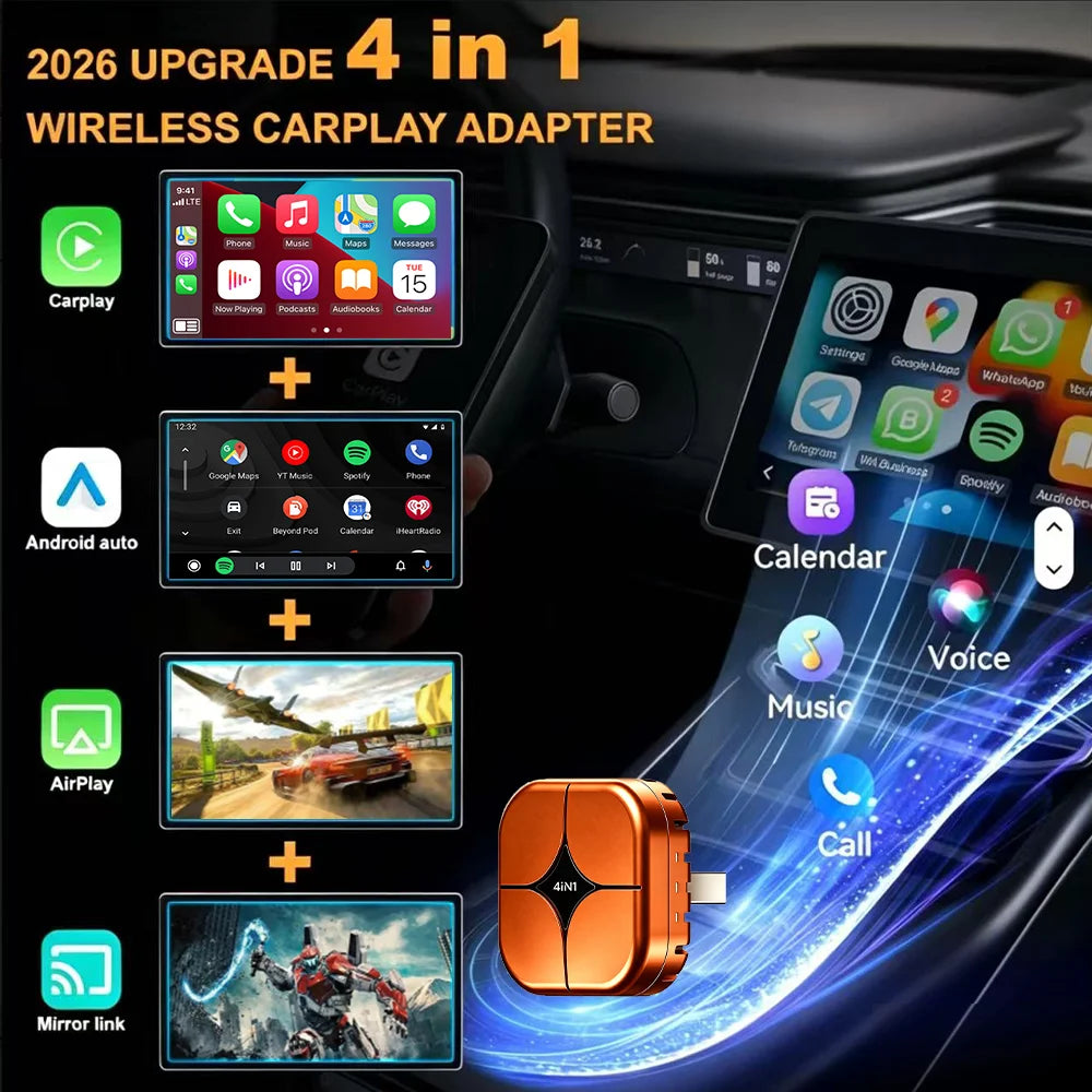 4-in-1 Dongle Wireless CarPlay Adapter for Android Auto, Mirror Link, For Ios18+ Carplay Airplay Screen Mirroring, Plug & Play