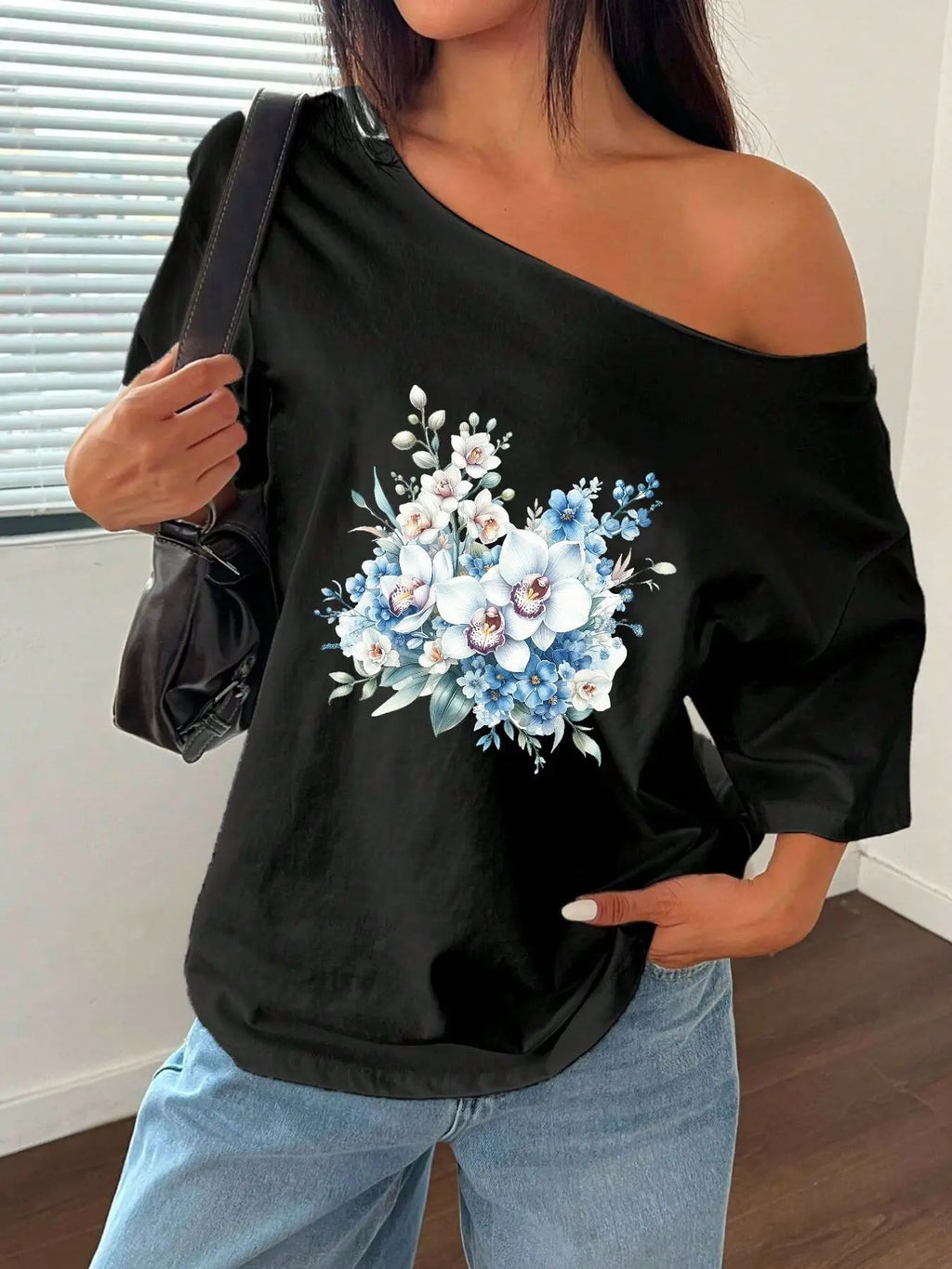 100% Cotton Plus Size Blue White Orchid Floral Print Shoulder Loose Print T-Shirt Oversized Y2K Style Graphic Tees Women Tops