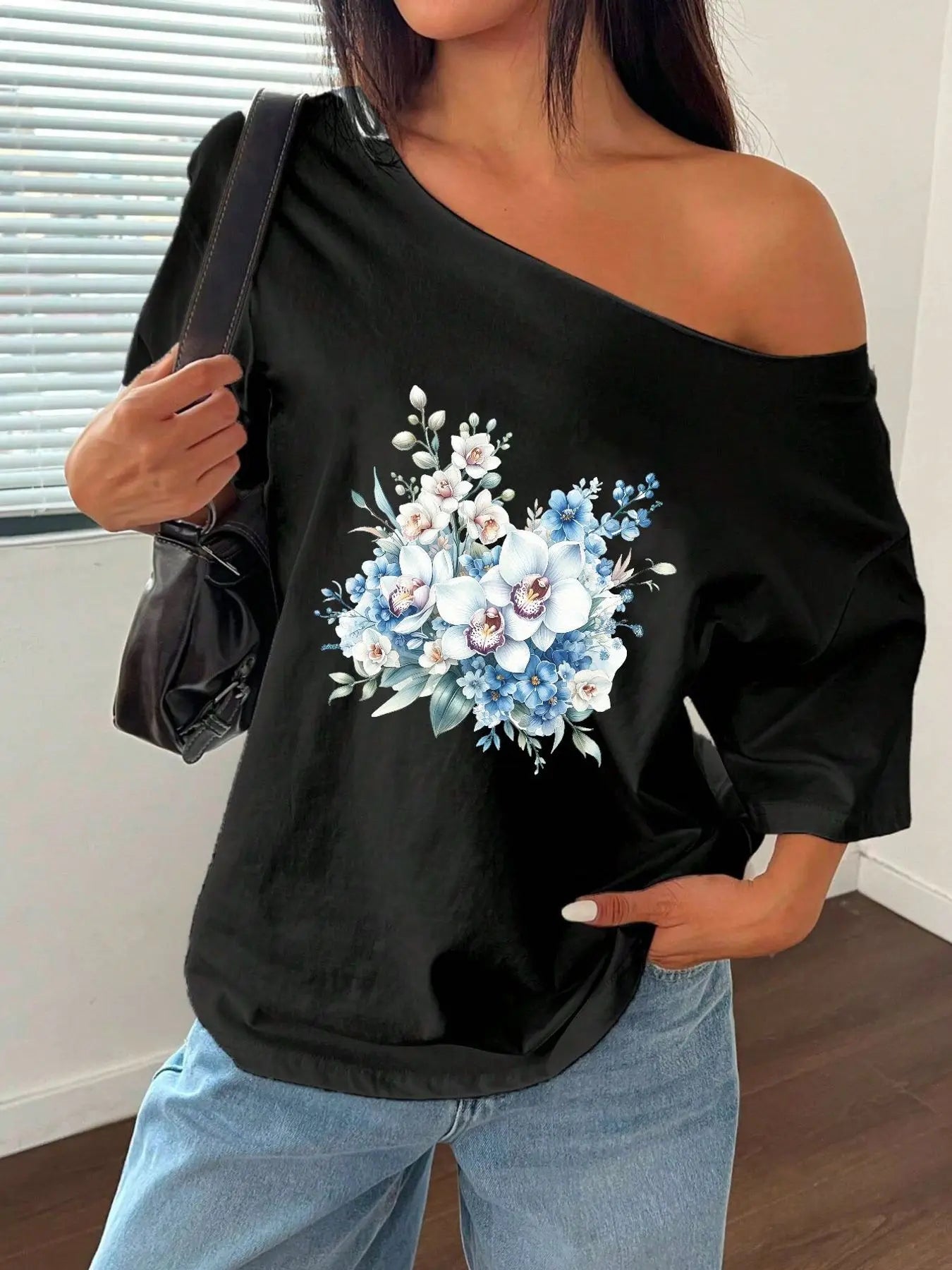 100% Cotton Plus Size Blue White Orchid Floral Print Shoulder Loose Print T-Shirt Oversized Y2K Style Graphic Tees Women Tops