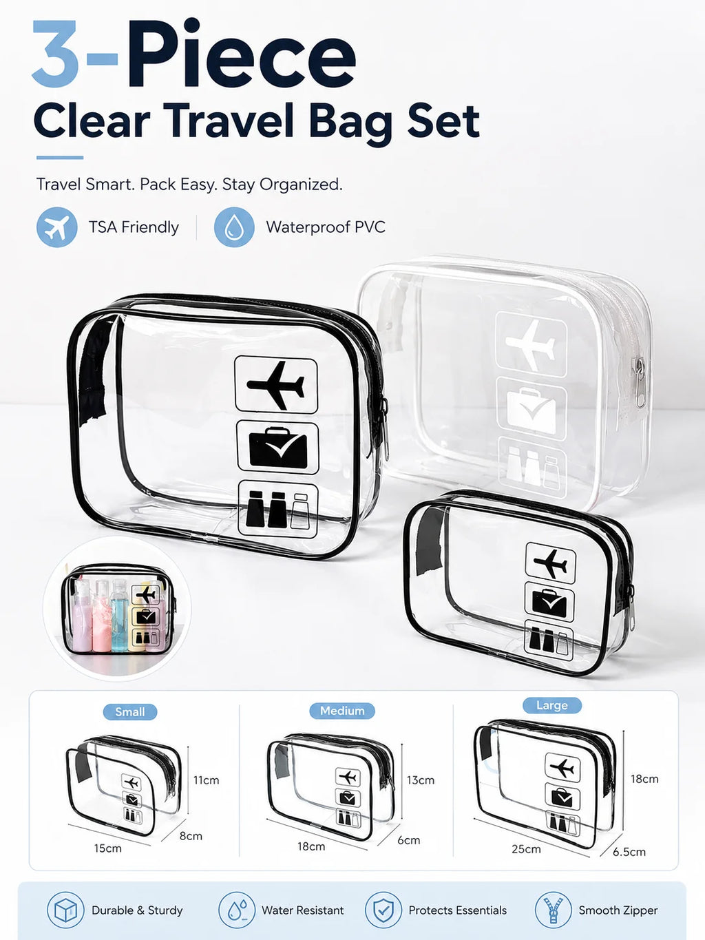 Clear TSA Travel Toiletry Bag Set, Waterproof PVC Cosmetic Organizer Pouch for Women Airport Vanity Storage