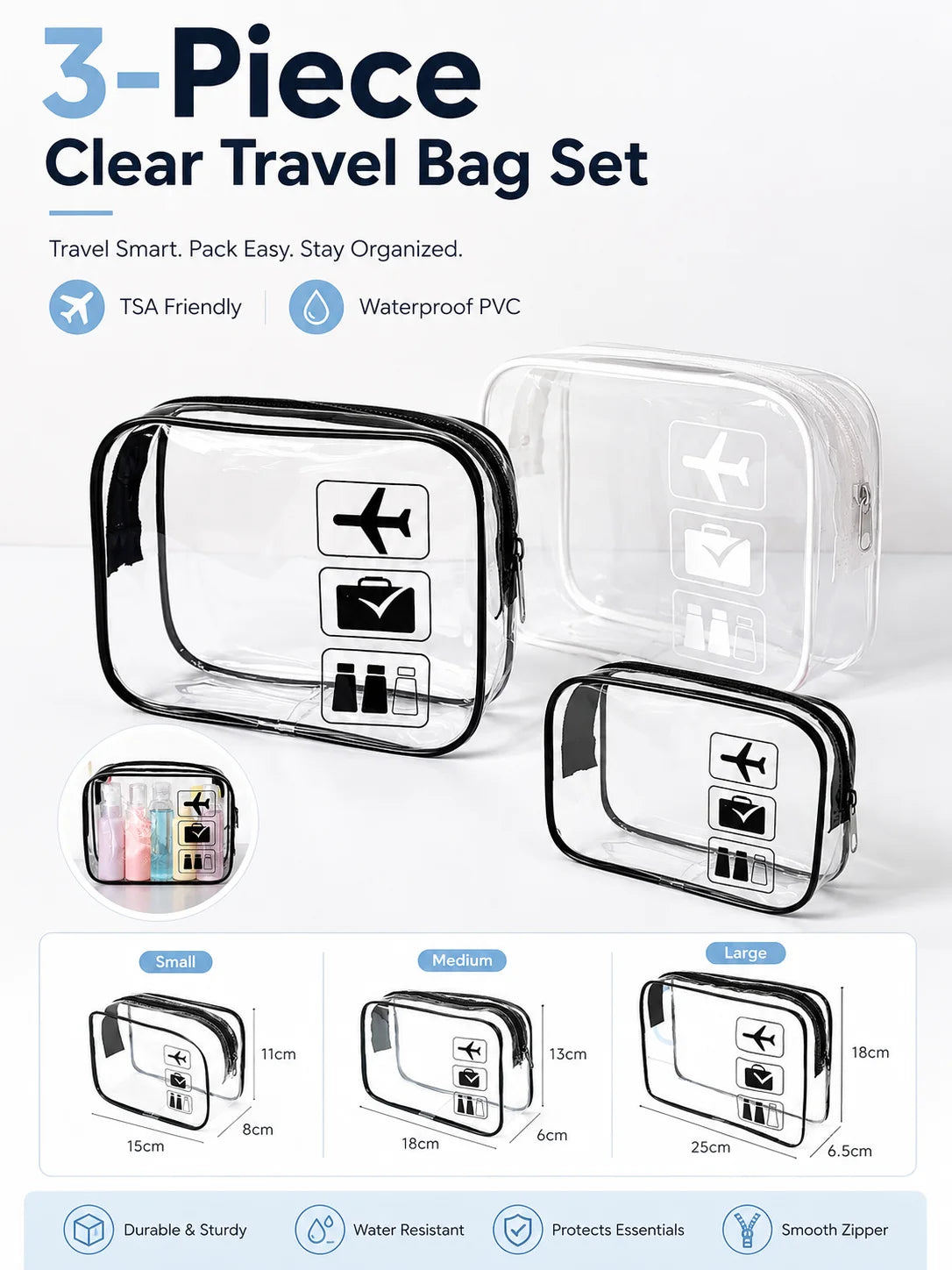 Clear TSA Travel Toiletry Bag Set, Waterproof PVC Cosmetic Organizer Pouch for Women Airport Vanity Storage