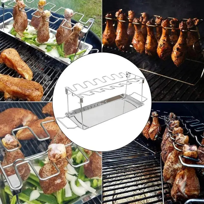 Stainless Steel Chicken Wing Leg Rack Grill With BBQ Pan Barbecue Accessories