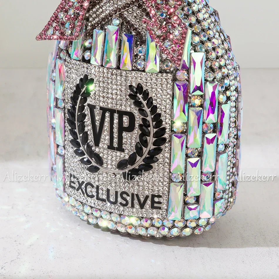 Alizekerr Champagne Bottle Shaped Bow Crystal Evening Bags Women Gorgeous Unique Bling Diamond Metal Clutch Purses Wedding Party