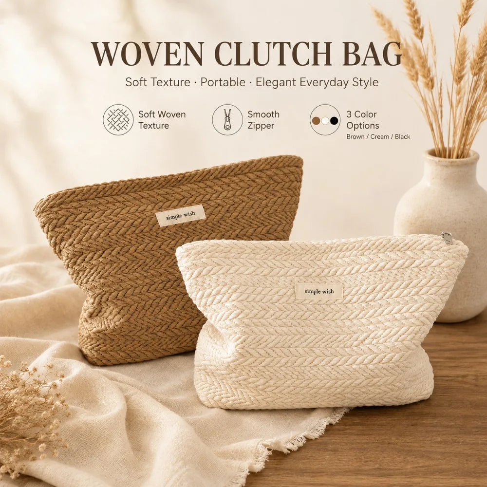 Simple Solid Color Woven Texture Clutch Bag for Woman, Fashion Rice Ear Pattern Large Capacity Makeup Bag, Portable Storage Bag
